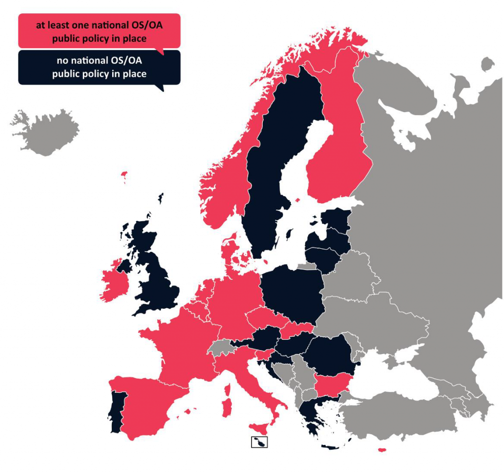 The map represents the European Countries that do have at least one national Open Science/Open Access public policy in place (including Belgium, Bulgaria, Cyprus, Czech Republic, Denmark, Finland, France, Germany, Ireland, Italy, Luxembourg, Netherlands, Norway, Slovakia, Slovenia, Spain ) and the European Countries that have no Open Science/Open Access public policy in place (Austria, Croatia, Estonia, Greece, Hungary, Latvia, Lithuania, Malta, Poland, Portugal,  Romania, Sweden, United Kingdom) 
