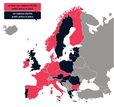 The map represents the European Countries that do have at least one national Open Science/Open Access public policy in place (including Belgium, Bulgaria, Cyprus, Czech Republic, Denmark, Finland, France, Germany, Ireland, Italy, Luxembourg, Netherlands, Norway, Slovakia, Slovenia, Spain ) and the European Countries that have no Open Science/Open Access public policy in place (Austria, Croatia, Estonia, Greece, Hungary, Latvia, Lithuania, Malta, Poland, Portugal,  Romania, Sweden, United Kingdom) 